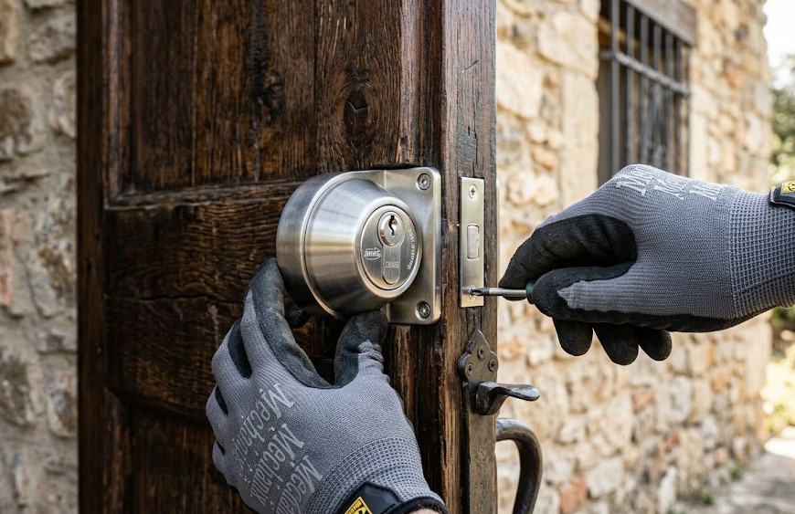 Instalación de cerradura de alta seguridad en puerta rústica de una masía en Orrius